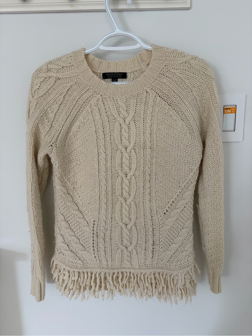 Banana Republic Cream Cable-Knit Fringe Crewneck Sweater